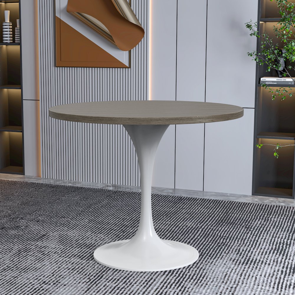 Verve Collection 36 Round Dining Table, White Base with Dark Maple MDF Top. Picture 8