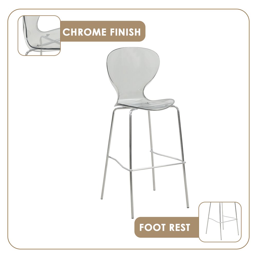 Oyster Acrylic Barstool with Steel Frame in Chrome Finish in Smoke. Picture 13