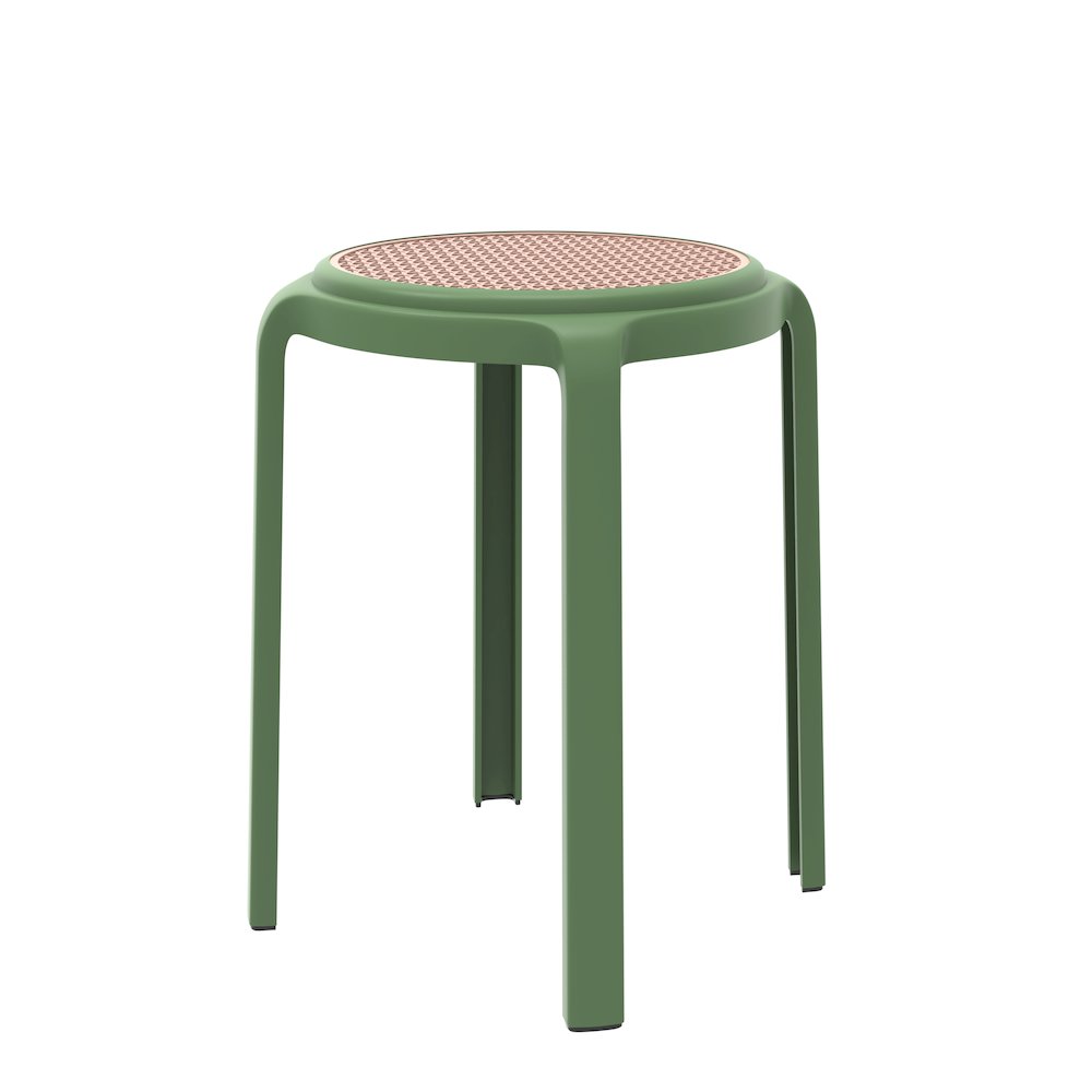 Tresse Series Stackable Round Poly Stool With Wicker Top 13 in Green. Picture 4