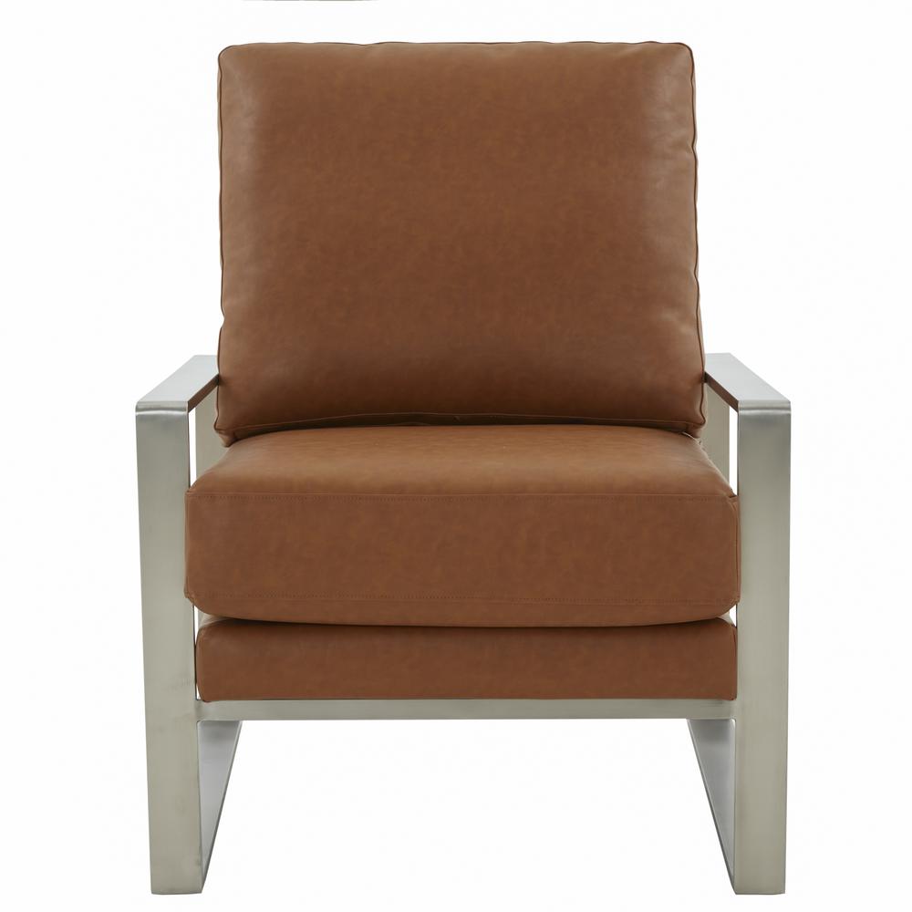 LeisureMod Jefferson Leather Modern Design Accent Armchair With Elegant Silver Frame, Cognac Tan. Picture 4