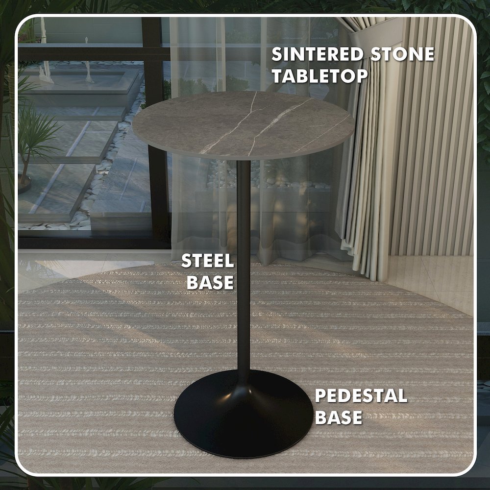 Bar Height Table Black Base with 27" Round Marble Grey Sintered Stone Top. Picture 25