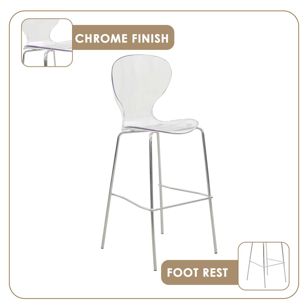 Oyster Acrylic Barstool with Steel Frame in Chrome Finish in Clear. Picture 14
