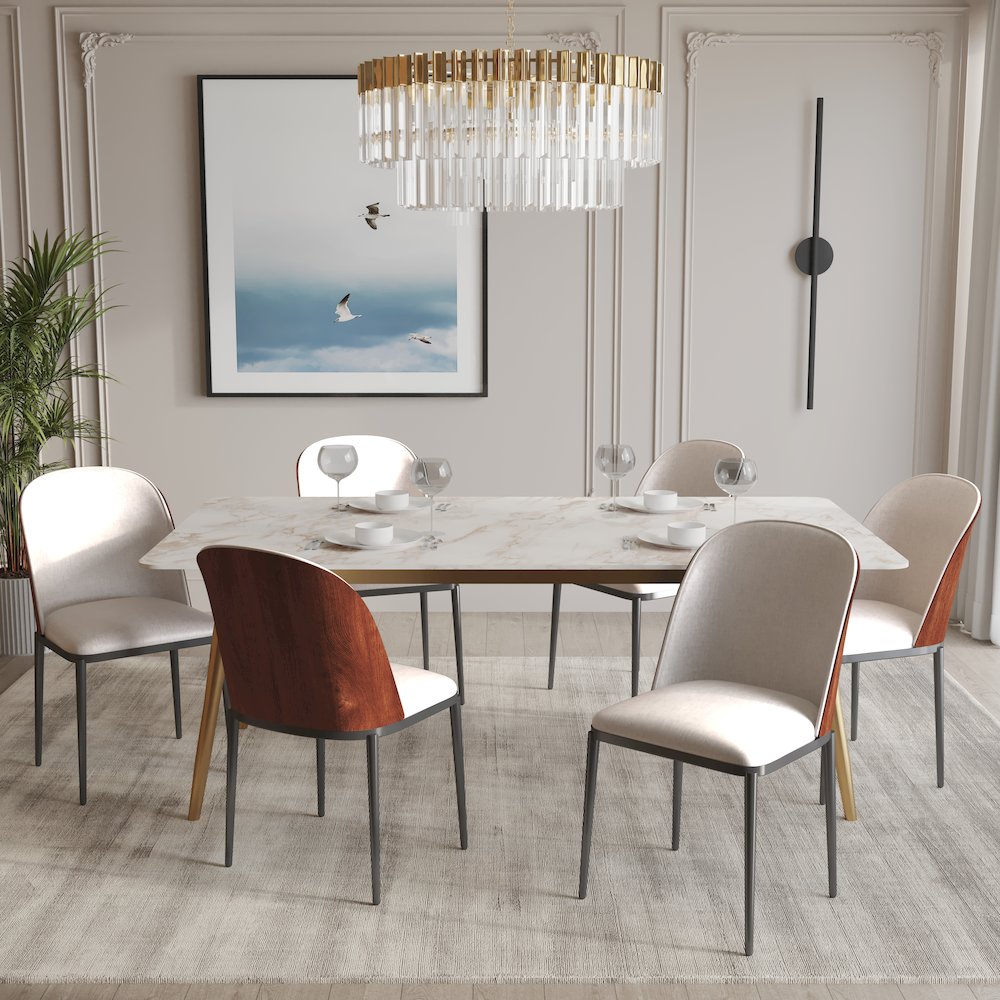 Zayle 7-Piece Dining Set with 55" Rectangular Dining Side Chair in Walnut/Beige. Picture 3