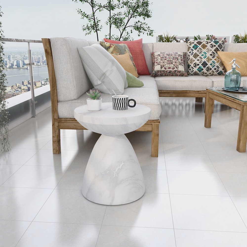 Dune Collection Fiberglass Outdoor Side Table in Marble White. Picture 8