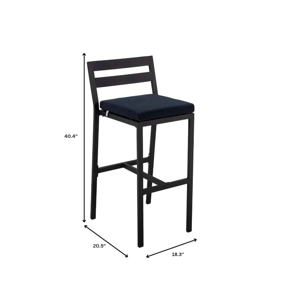 Chelsea Collection Modern Aluminum Outdoor Bar Chair in black with Blue Cushions. Picture 19