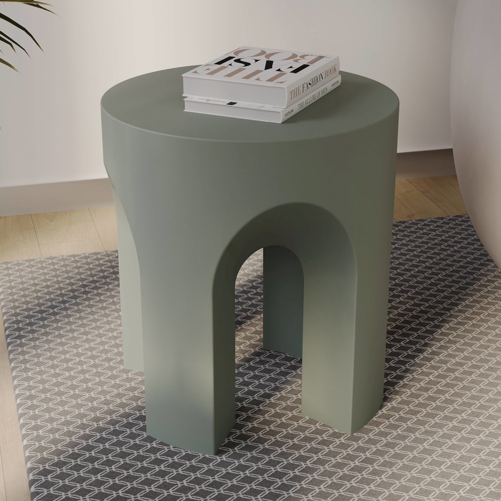 Crus Collection Fiberglass Outdoor Side Table in Grey. Picture 2