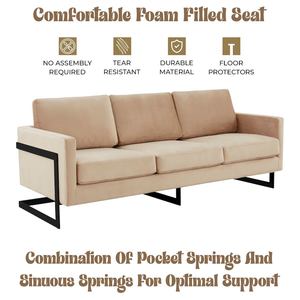 Lincoln Beige Velvet Sofa With Black Frame. Picture 4