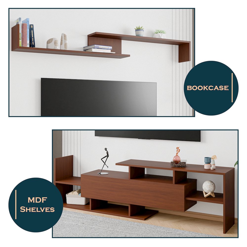 Surrey Modern TV Stand with MDF Shelves and Bookcase in Walnut. Picture 2