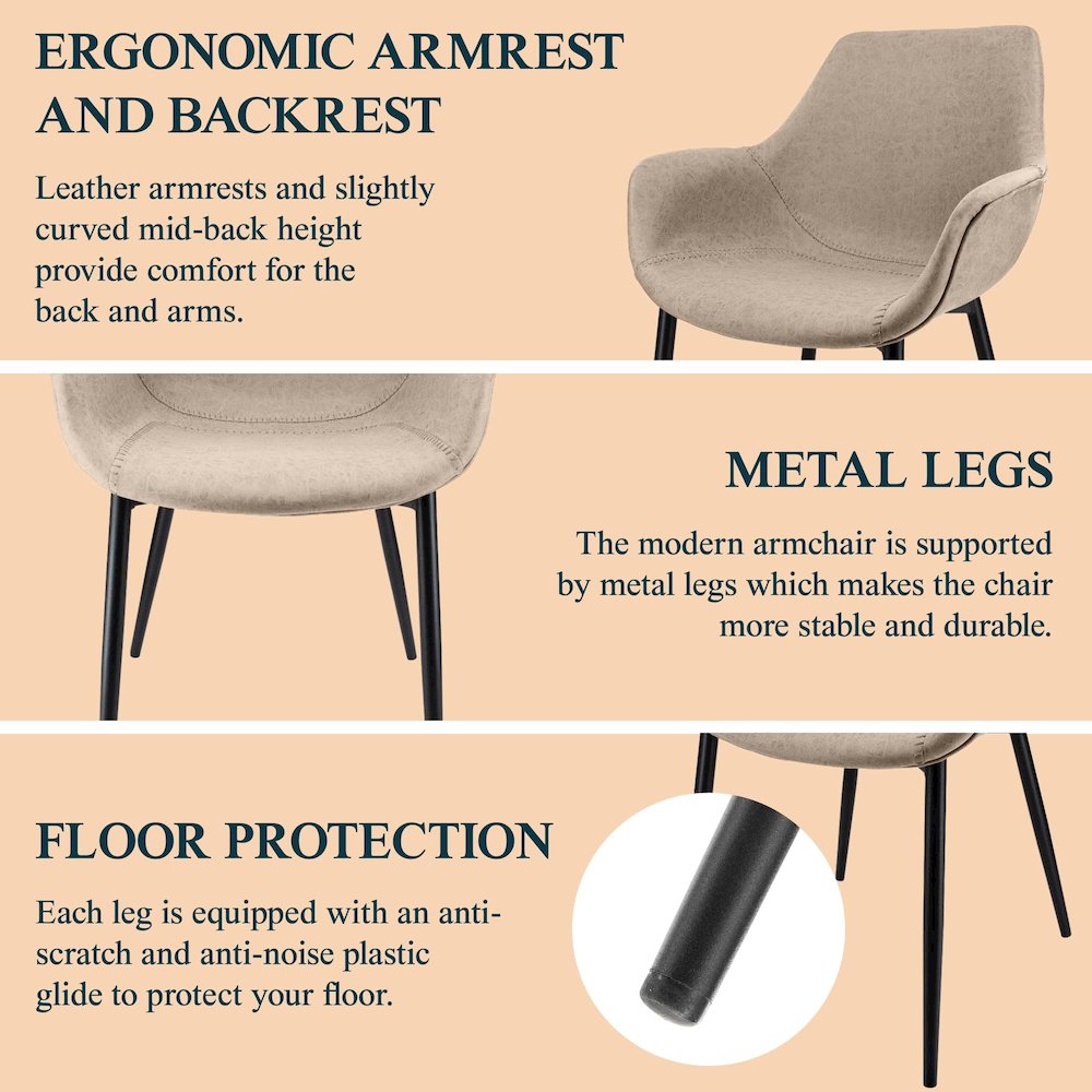Markley Modern Leather Dining Arm Chair Set of 2 in Taupe. Picture 11