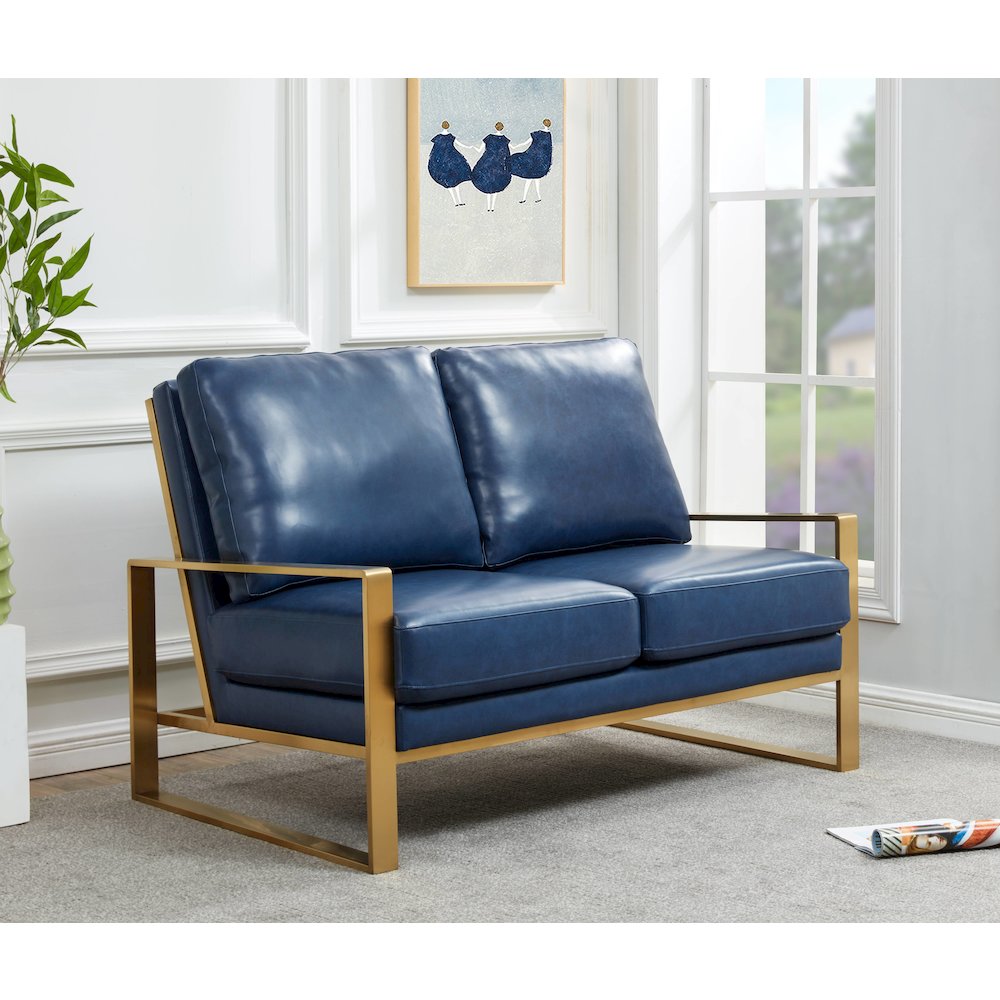 Jefferson - Leather Loveseat - Gold Frame - Navy Blue. Picture 2