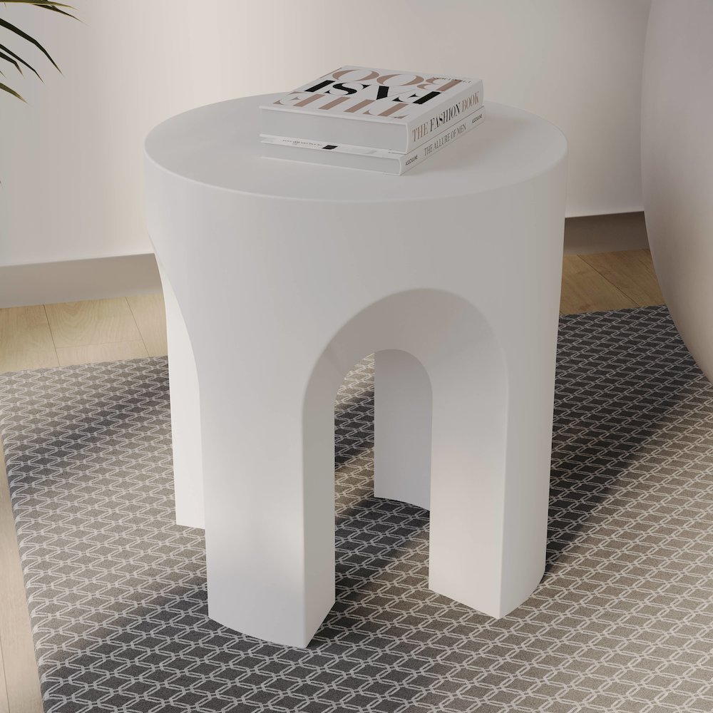 Crus Collection Fiberglass Outdoor Side Table in White. Picture 2