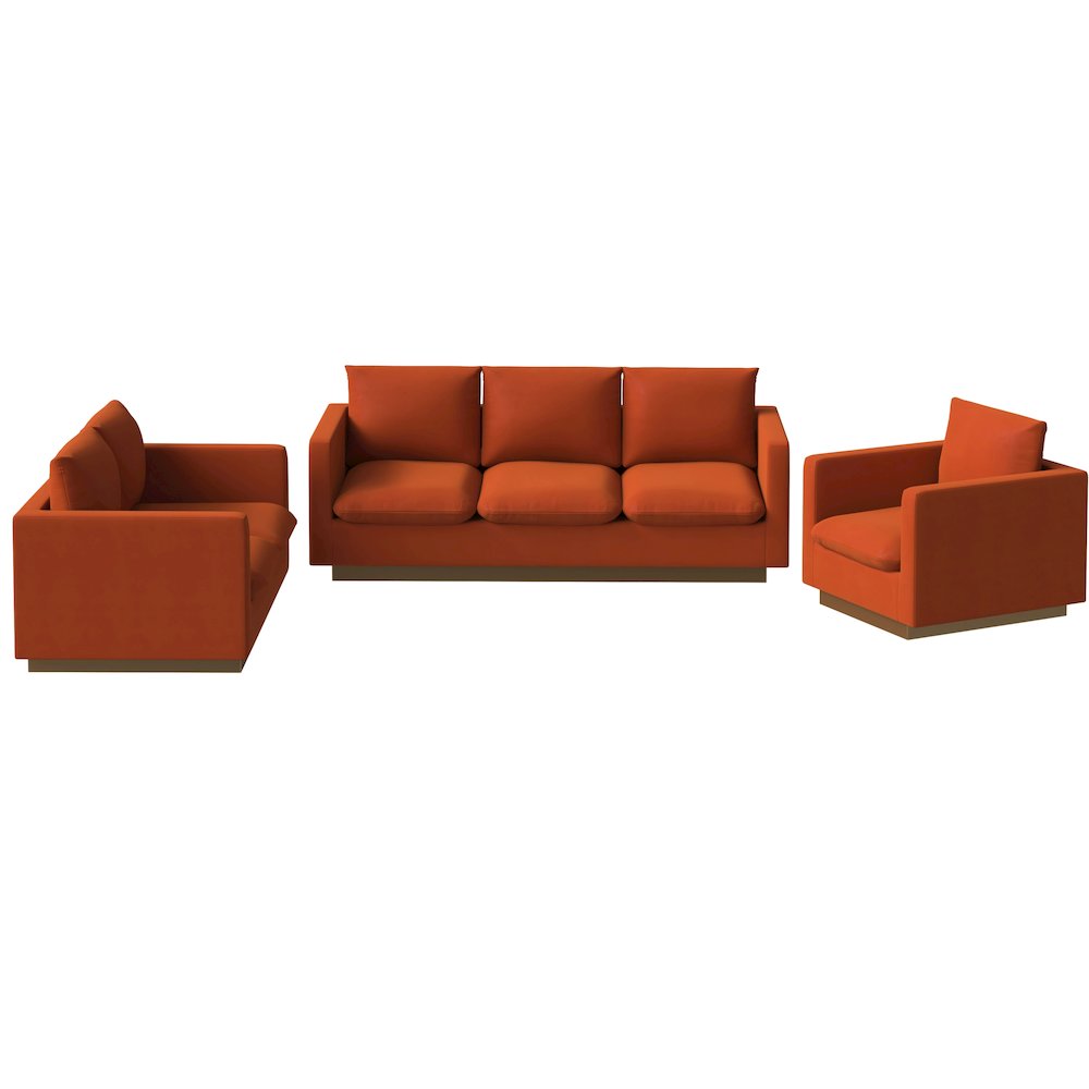 Nervo Velvet 3-Piece Living Room Sofa Set With Gold Frame Orange Marmalade. Picture 2