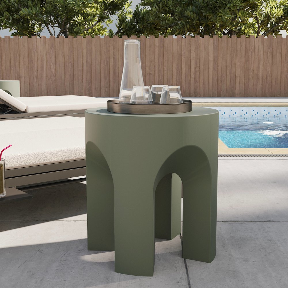 Crus Collection Fiberglass Outdoor Side Table in Grey. Picture 4
