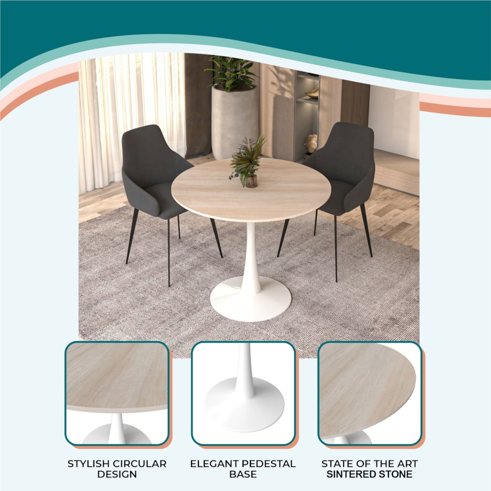 Bristol 31" Round Dining Table White Base with Sintered Stone Natural Wood Top. Picture 9
