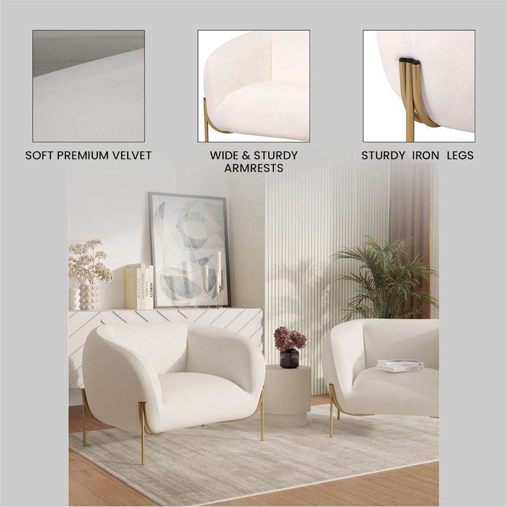 Zuno Collection Modern Single Seater Sofa in White Velvet. Picture 2