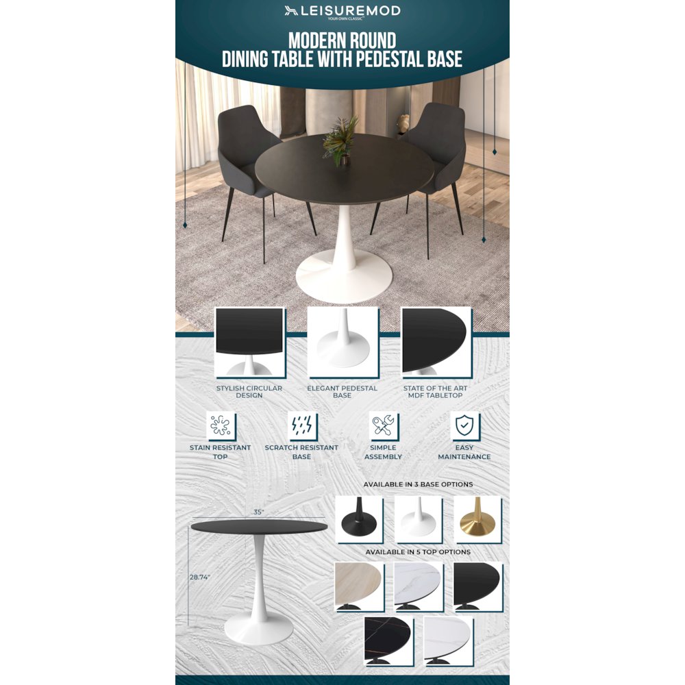 Bristol, 40" Round dining table in White Base with Blacktop. Picture 8