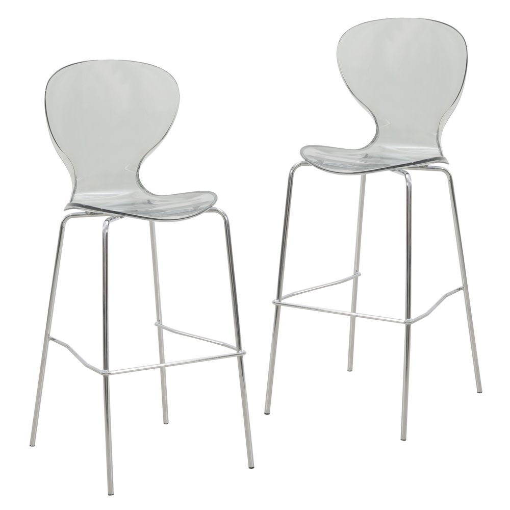 Oyster Acrylic Barstool with Steel Frame in Chrome Finish Set of 2 in Smoke. Picture 1