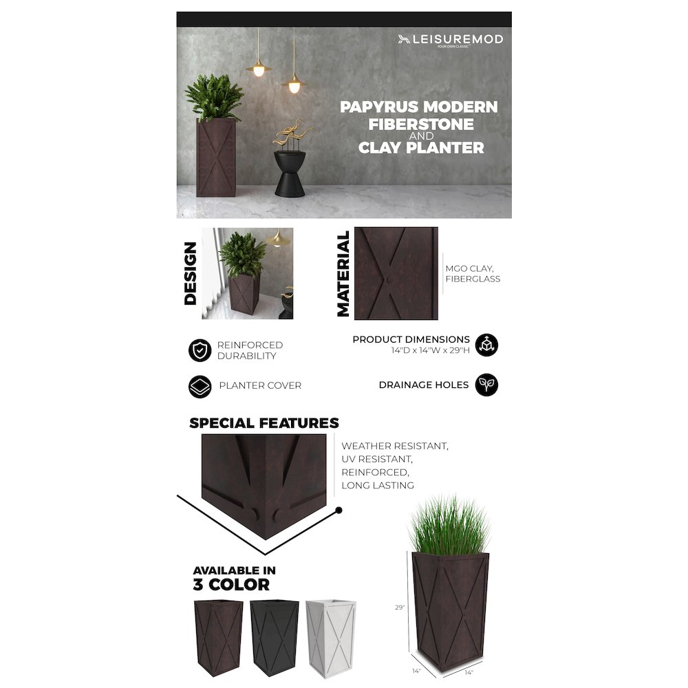 Papyrus Series Rectangle Fiber Stone Planter in Brown 14.2 x 14.2, 29 High. Picture 1