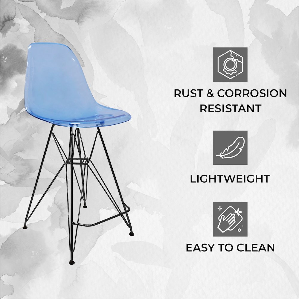 Modern Acrylic Bar stool Cresco Collection Black Base with Trans Blue seat. Picture 12