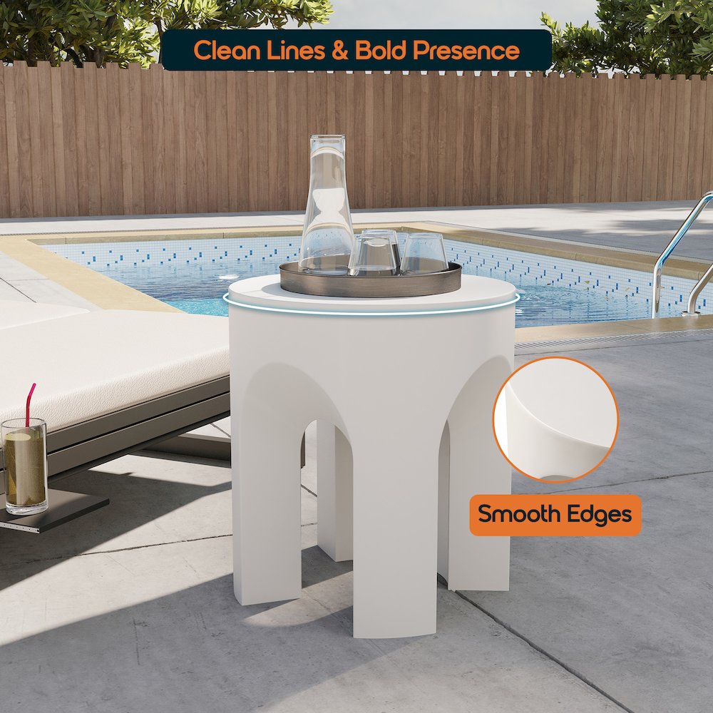 Crus Collection Fiberglass Outdoor Side Table in White. Picture 7