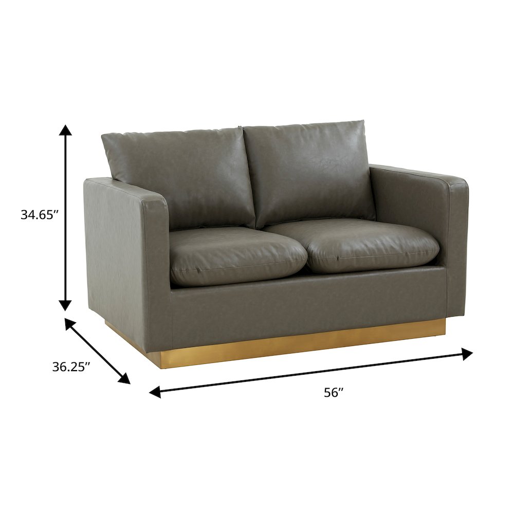 Nervo Modern Mid-Century Upholstered Leather Loveseat with Gold Frame. Picture 1