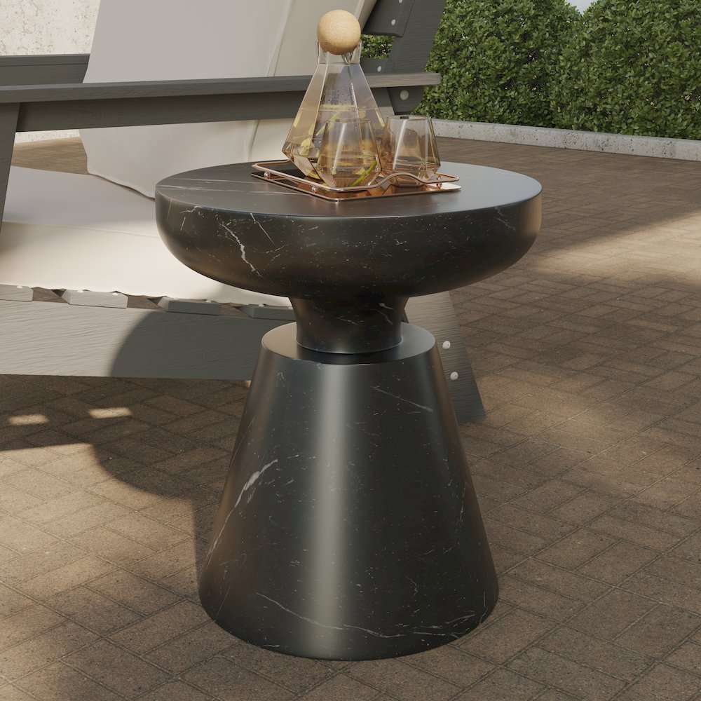 Isle Collection Fiberglass Outdoor Side Table in Marbled Black. Picture 4