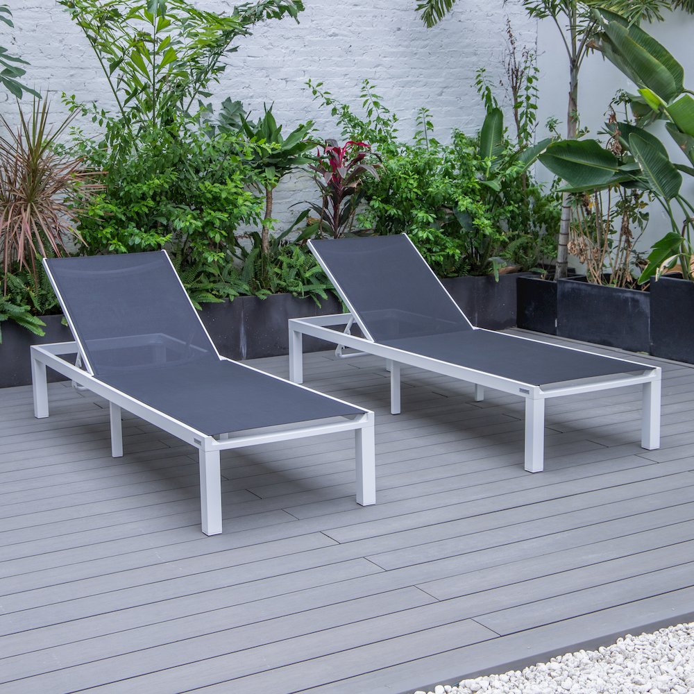 Marlin Patio Chaise Lounge Chair With White Aluminum Frame, Set of 2 in Black. Picture 3