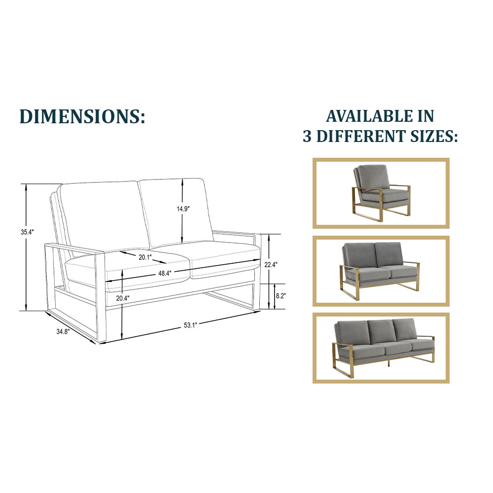 Jefferson Contemporary Modern Velvet Loveseat With Gold Frame. Picture 11