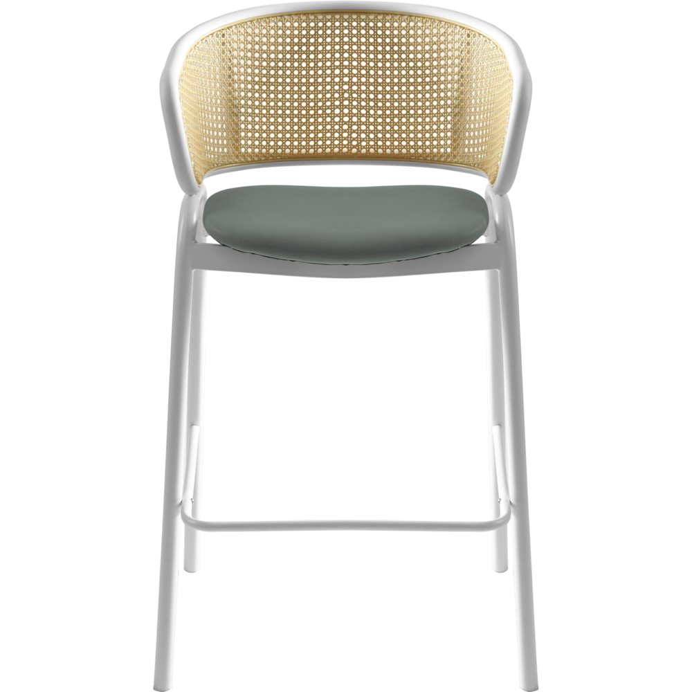 Ervilla Wicker Bar Stool with Fabric Seat and White Steel Frame - Grey leather. Picture 15