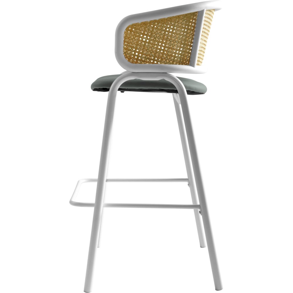 Ervilla Wicker Bar Stool with Fabric Seat and White Steel Frame - Grey leather. Picture 13