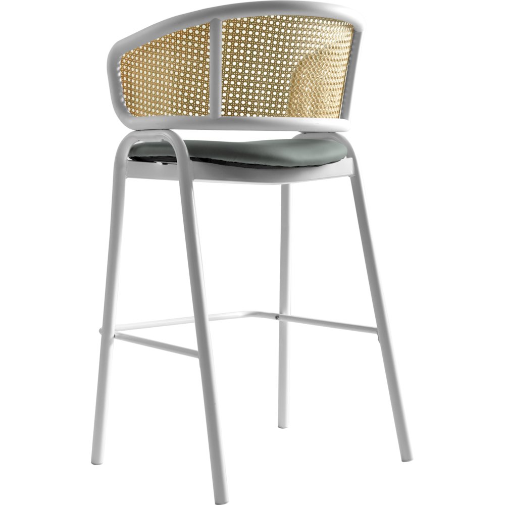Ervilla Wicker Bar Stool with Fabric Seat and White Steel Frame - Grey leather. Picture 16