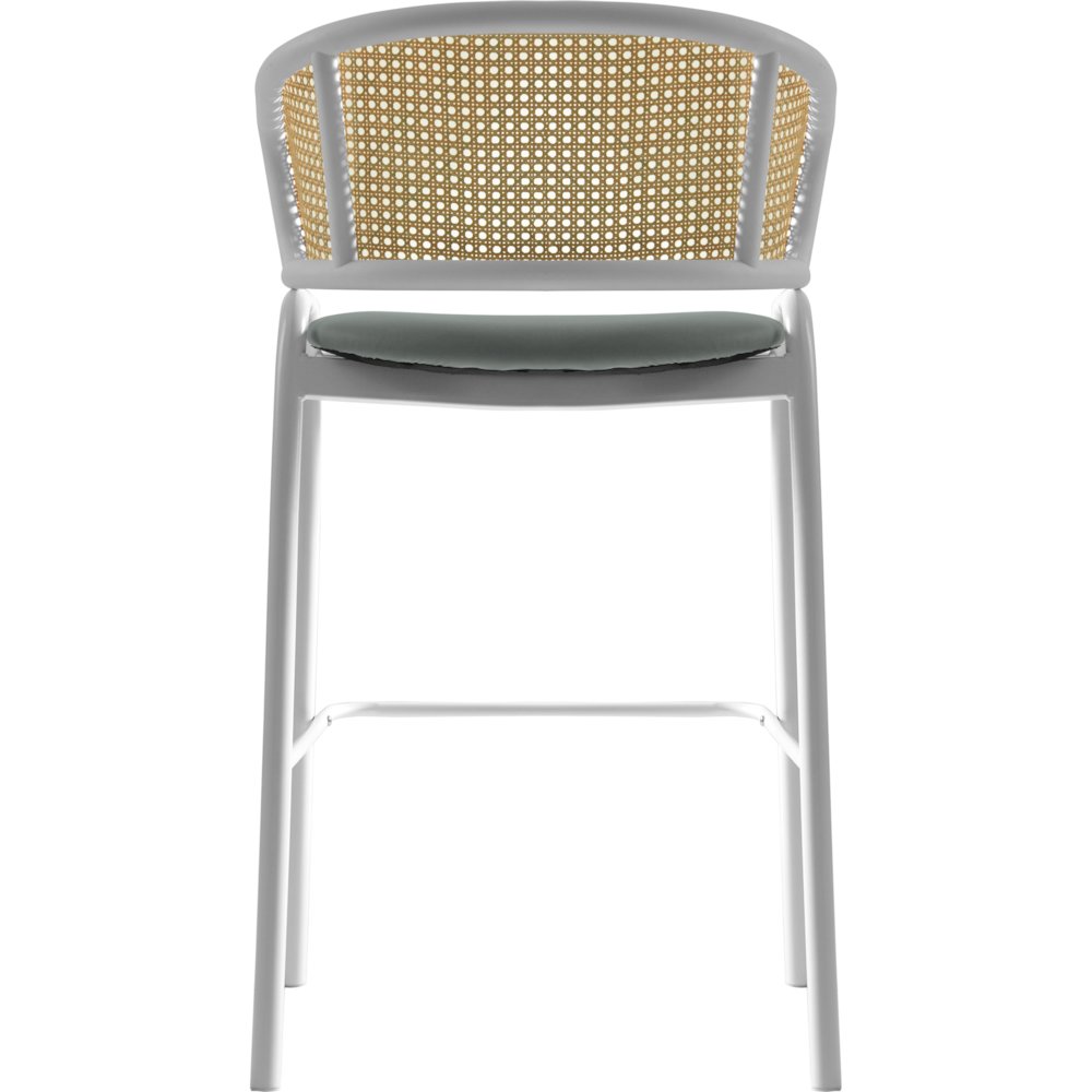 Ervilla Wicker Bar Stool with Fabric Seat and White Steel Frame - Grey leather. Picture 17