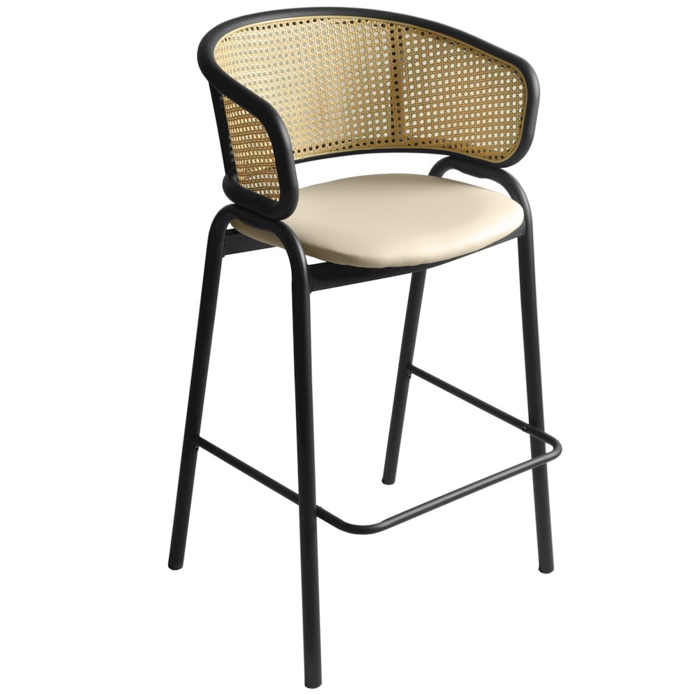 Ervilla Wicker Bar Stool with Fabric Seat and Black Steel Frame - Taupe. Picture 20