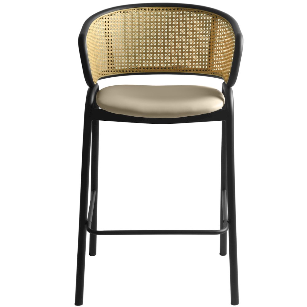 Ervilla Wicker Bar Stool with Fabric Seat and Black Steel Frame - Taupe. Picture 21