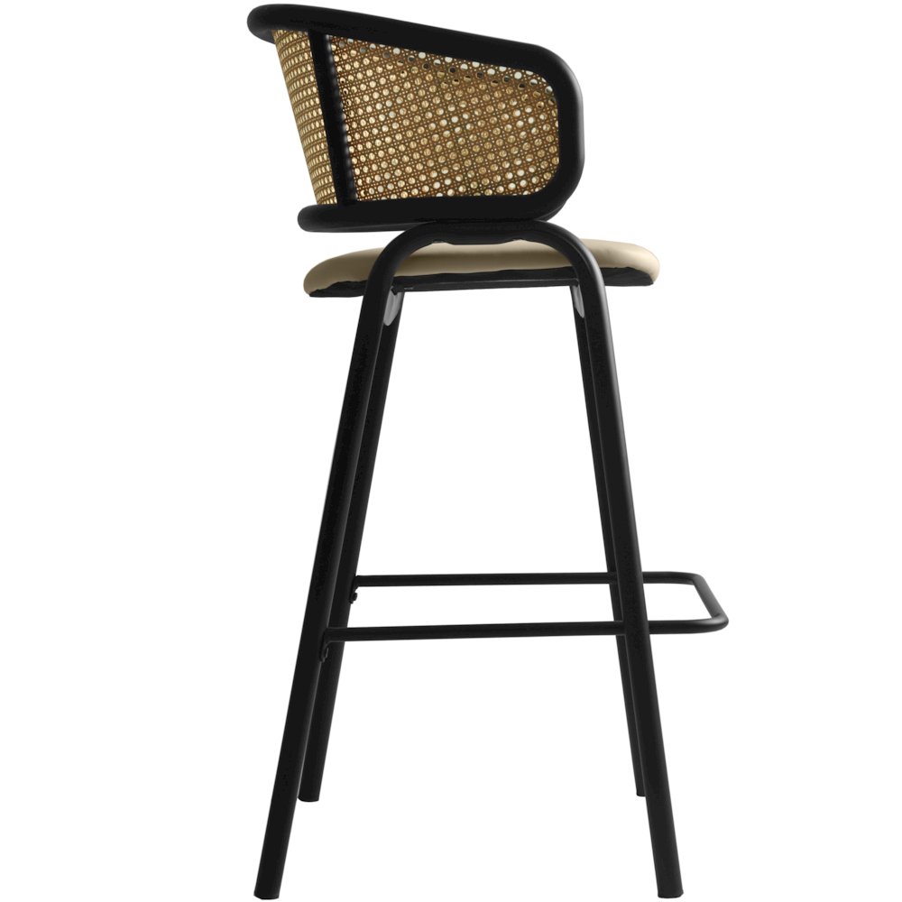 Ervilla Wicker Bar Stool with Fabric Seat and Black Steel Frame - Taupe. Picture 19