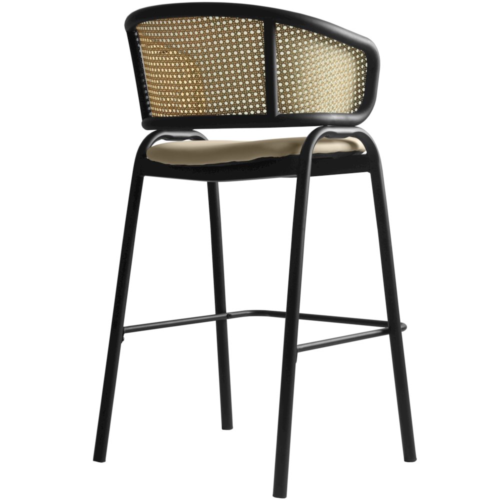 Ervilla Wicker Bar Stool with Fabric Seat and Black Steel Frame - Taupe. Picture 22