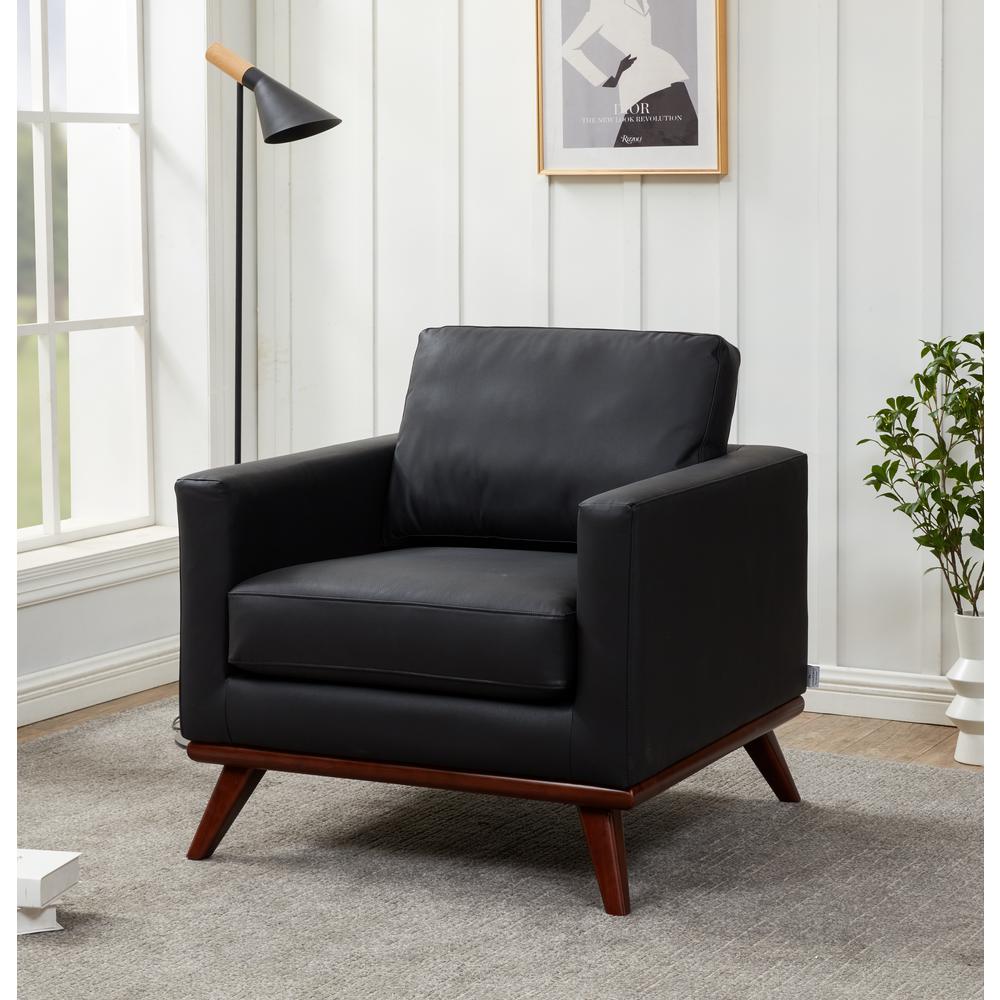 LeisureMod Chester Modern Leather Accent Arm Chair With Birch Wood Base, Black. Picture 6