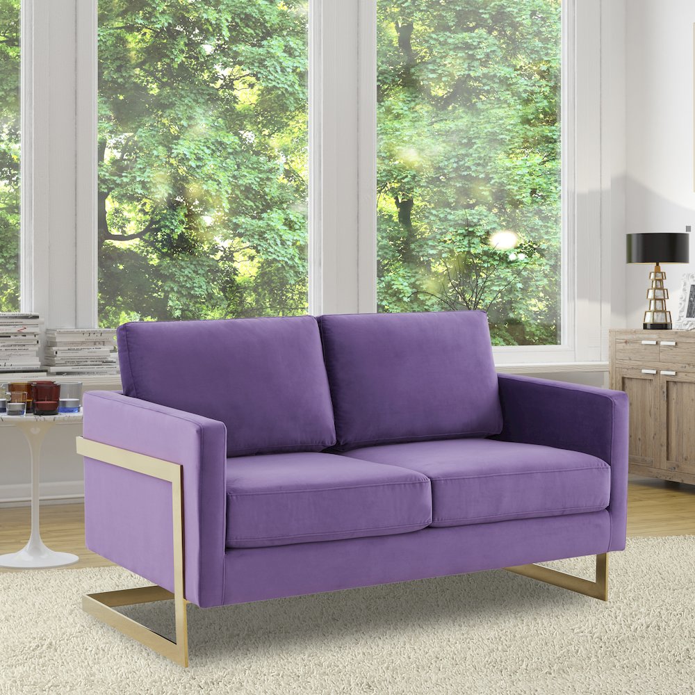 Lincoln Modern Mid-Century Upholstered Velvet Loveseat with Gold Frame. Picture 4