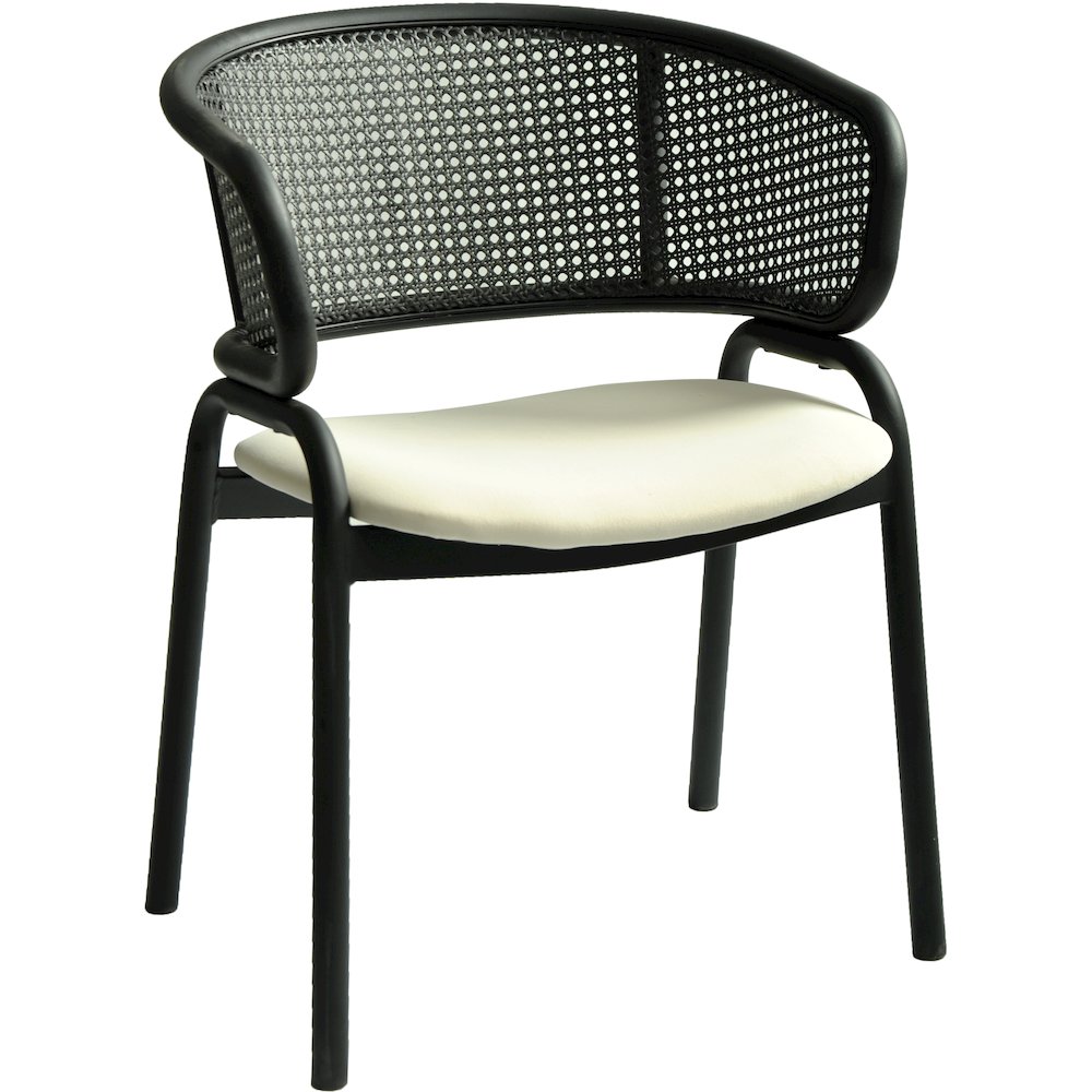 Dining Armchair in Black Steel Frame with Black Wicker Back and Beige Seat. Picture 1