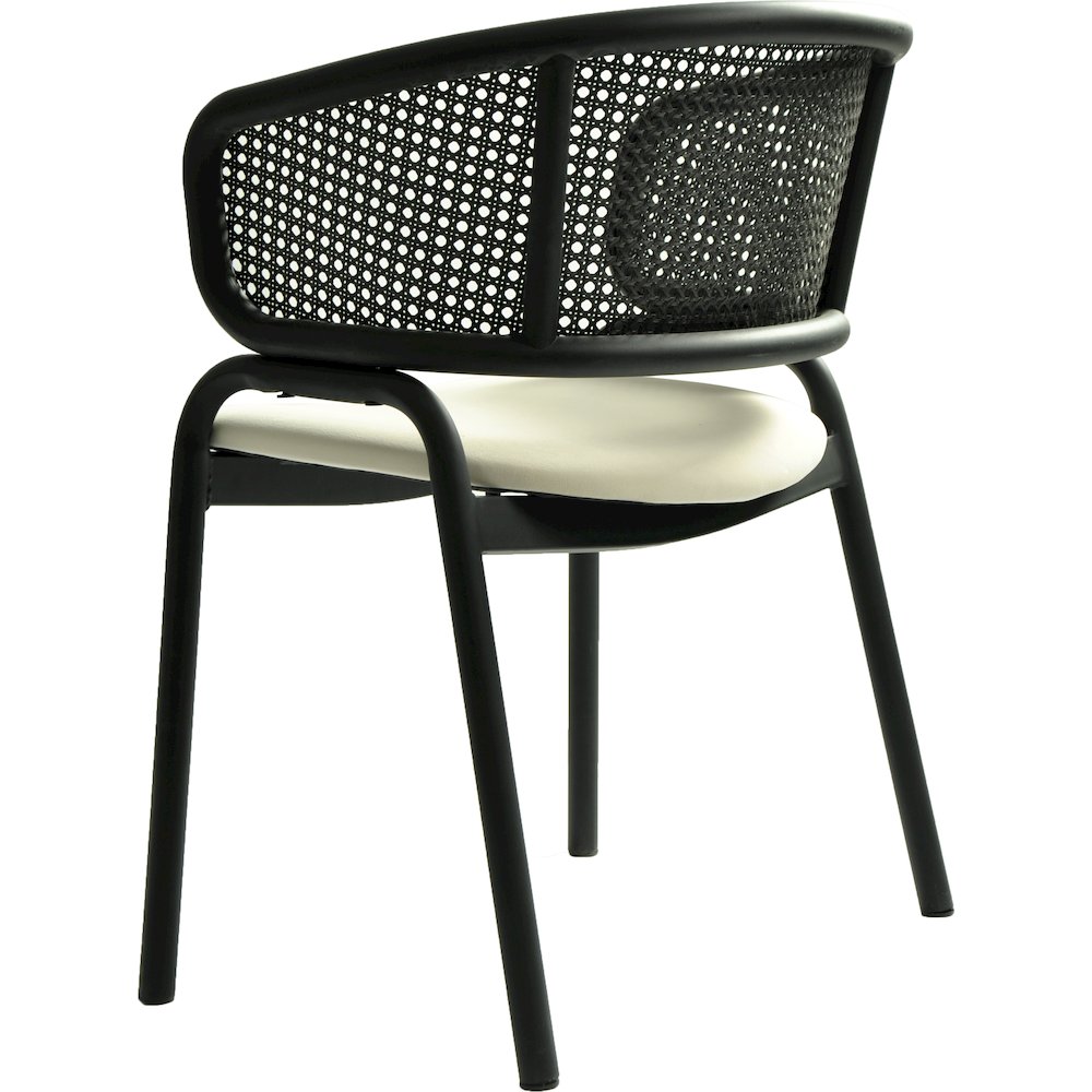 Dining Armchair in Black Steel Frame with Black Wicker Back and Beige Seat. Picture 2