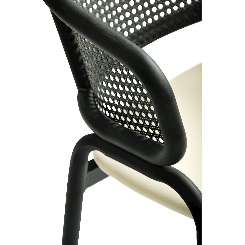 Dining Armchair in Black Steel Frame with Black Wicker Back and Beige Seat. Picture 4