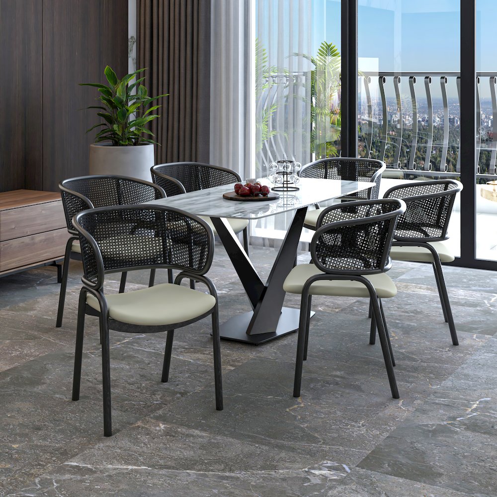 Dining Armchair in Black Steel Frame with Black Wicker Back and Beige Seat. Picture 7