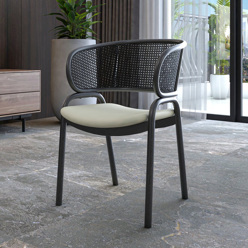 Dining Armchair in Black Steel Frame with Black Wicker Back and Beige Seat. Picture 8