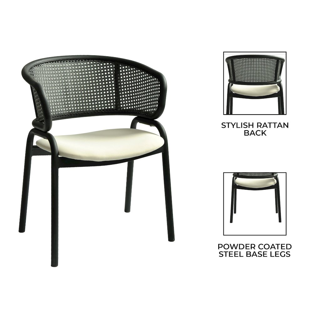 Dining Armchair in Black Steel Frame with Black Wicker Back and Beige Seat. Picture 9
