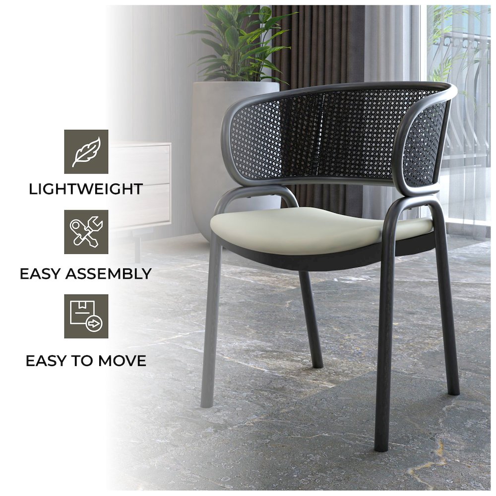Dining Armchair in Black Steel Frame with Black Wicker Back and Beige Seat. Picture 10