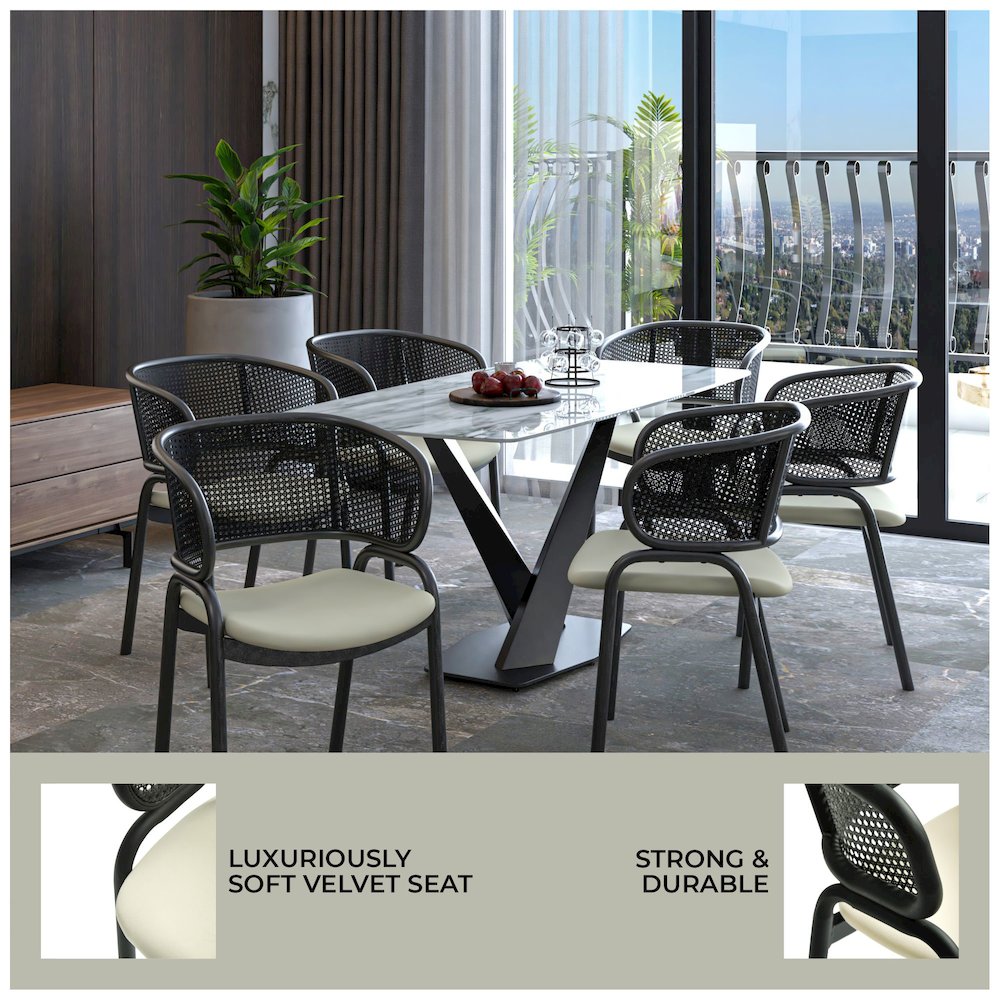 Dining Armchair in Black Steel Frame with Black Wicker Back and Beige Seat. Picture 11