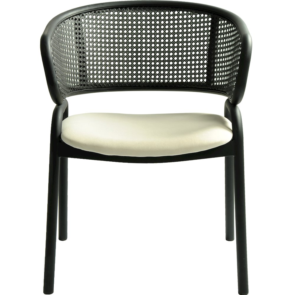 Dining Armchair in Black Steel Frame with Black Wicker Back and Beige Seat. Picture 12
