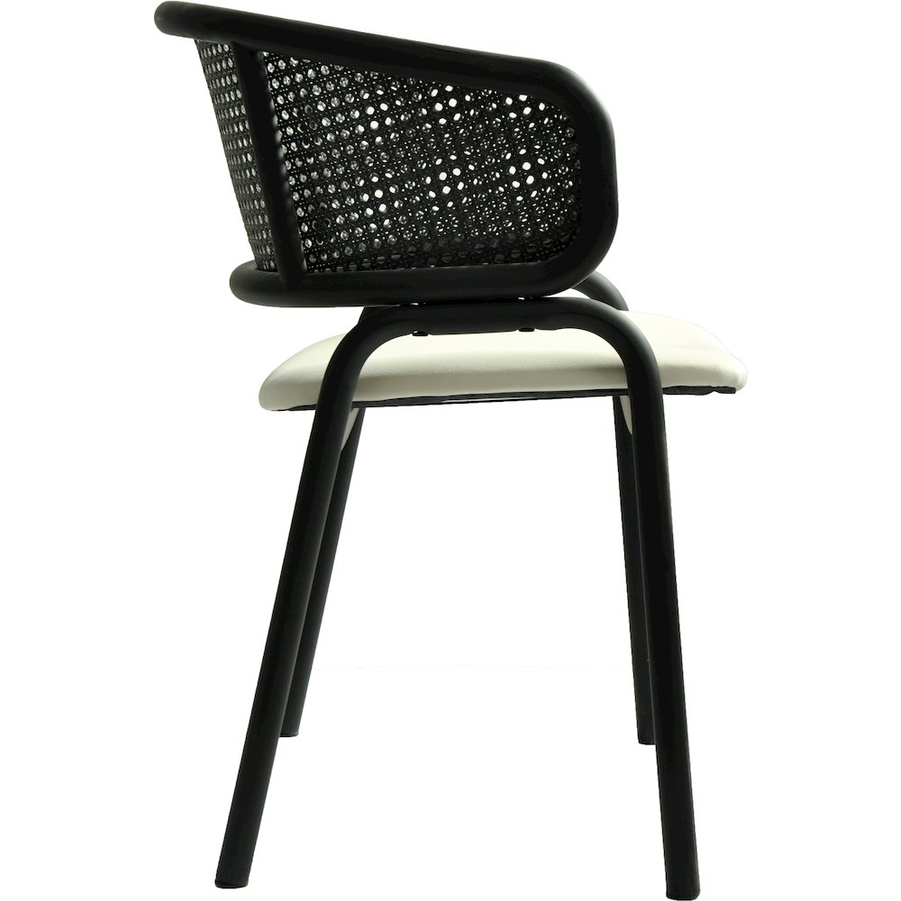 Dining Armchair in Black Steel Frame with Black Wicker Back and Beige Seat. Picture 13