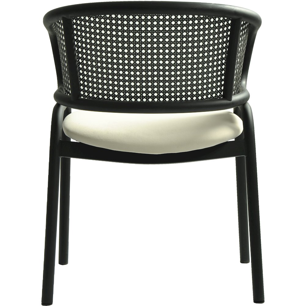 Dining Armchair in Black Steel Frame with Black Wicker Back and Beige Seat. Picture 14