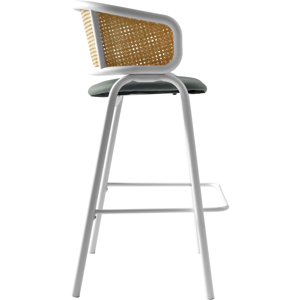 Ervilla Wicker Bar Stool with Fabric Seat and White Steel Frame - Grey leather. Picture 8